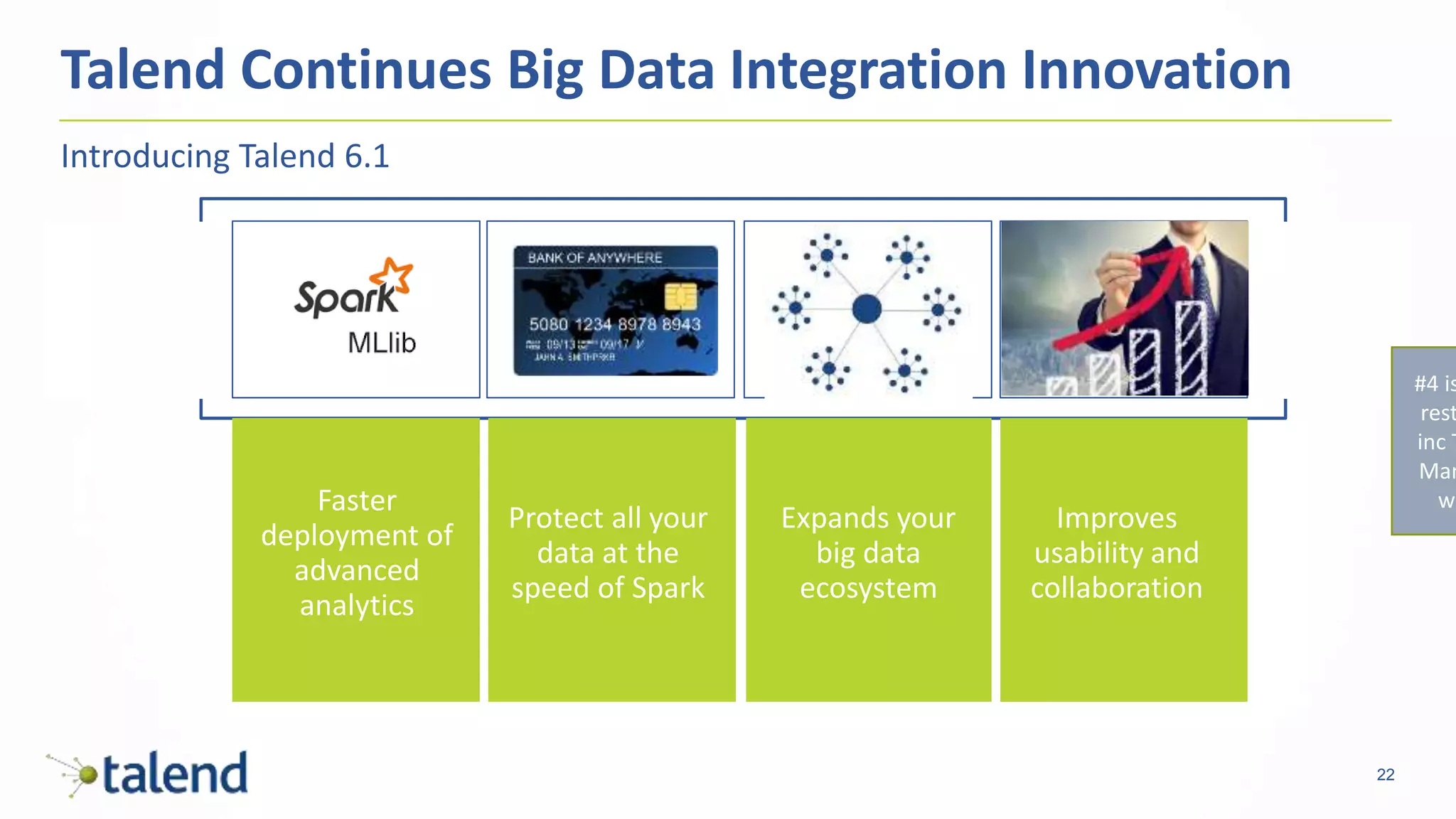 22
Faster
deployment of
advanced
analytics
Protect all your
data at the
speed of Spark
Expands your
big data
ecosystem
Improves
usability and
collaboration
Introducing Talend 6.1
Talend Continues Big Data Integration Innovation
#4 is
rest
inc T
Man
wa
 