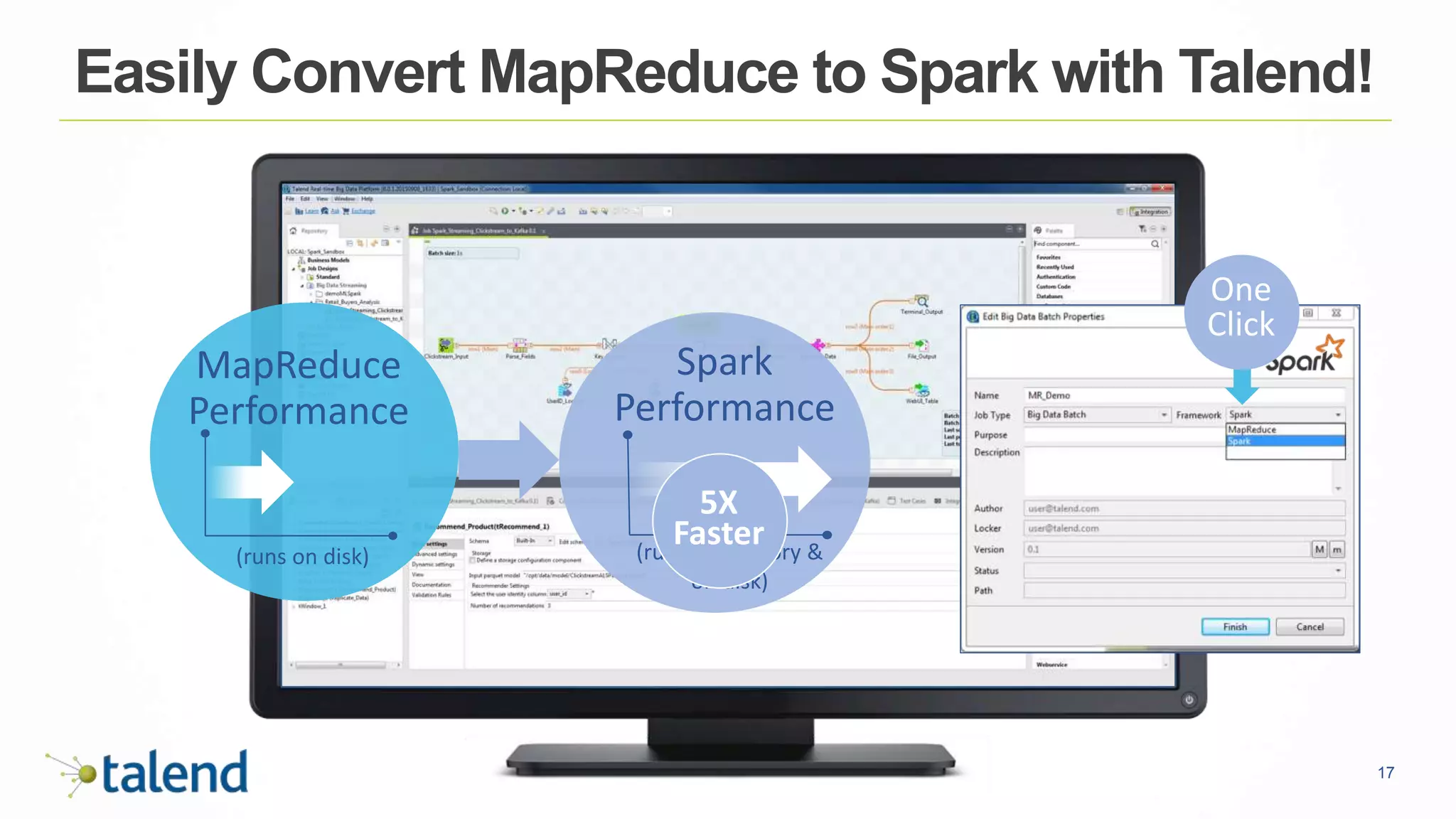 17
Easily Convert MapReduce to Spark with Talend!
MapReduce
Performance
(runs on disk)
One
Click
Spark
Performance
(runs in-memory &
on disk)
5X
Faster
 
