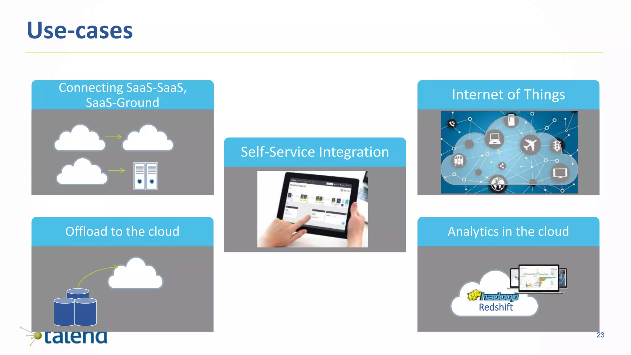 23
Use-cases
Offload to the cloud Analytics in the cloud
Redshift
Self-Service Integration
Connecting SaaS-SaaS,
SaaS-Ground
Internet of Things
 