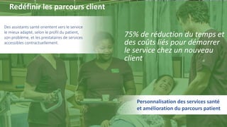 10
75% de réduction du temps et
des coûts liés pour démarrer
le service chez un nouveau
client
Des assistants santé orientent vers le service
le mieux adapté, selon le profil du patient,
son problème, et les prestataires de services
accessibles contractuellement.
Personnalisation des services santé
et amélioration du parcours patient
Redéfinir les parcours client
 