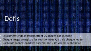 19
• Les caméras vidéos transmettent 25 images par seconde
• Chaque image enregistre les coordonnées x, y, z de chaque joueur
• Un flux de données sportives en temps réel ? Un vrai cas de Big Data !
Défis
 