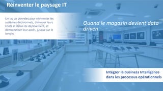 7
Un lac de données pour réinventer les
systèmes décisionnels, diminuer leurs
coûts et délais de déploiement, et
démocratiser leur accès, jusque sur le
terrain.
Quand le magasin devient data
driven
Intégrer la Business Intelligence
dans les processus opérationnels
Réinventer le paysage IT
 