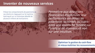 9
Cas Sidetrade
Permettre aux directions
financières d’optimiser leur
performance en délais de
paiement -accordés ou subis-
dans une approche fondée sur
l’analyse de données et non
sur une intuition.
Prévoir les comportements de paiements de
ses clients en s’appuyant sur le machine
learning et sur un historique détaillé de
plusieurs millions de transactions
Optimiser la gestion du cash-flow
et mieux maîtriser les recouvrements
Inventer de nouveaux services
 