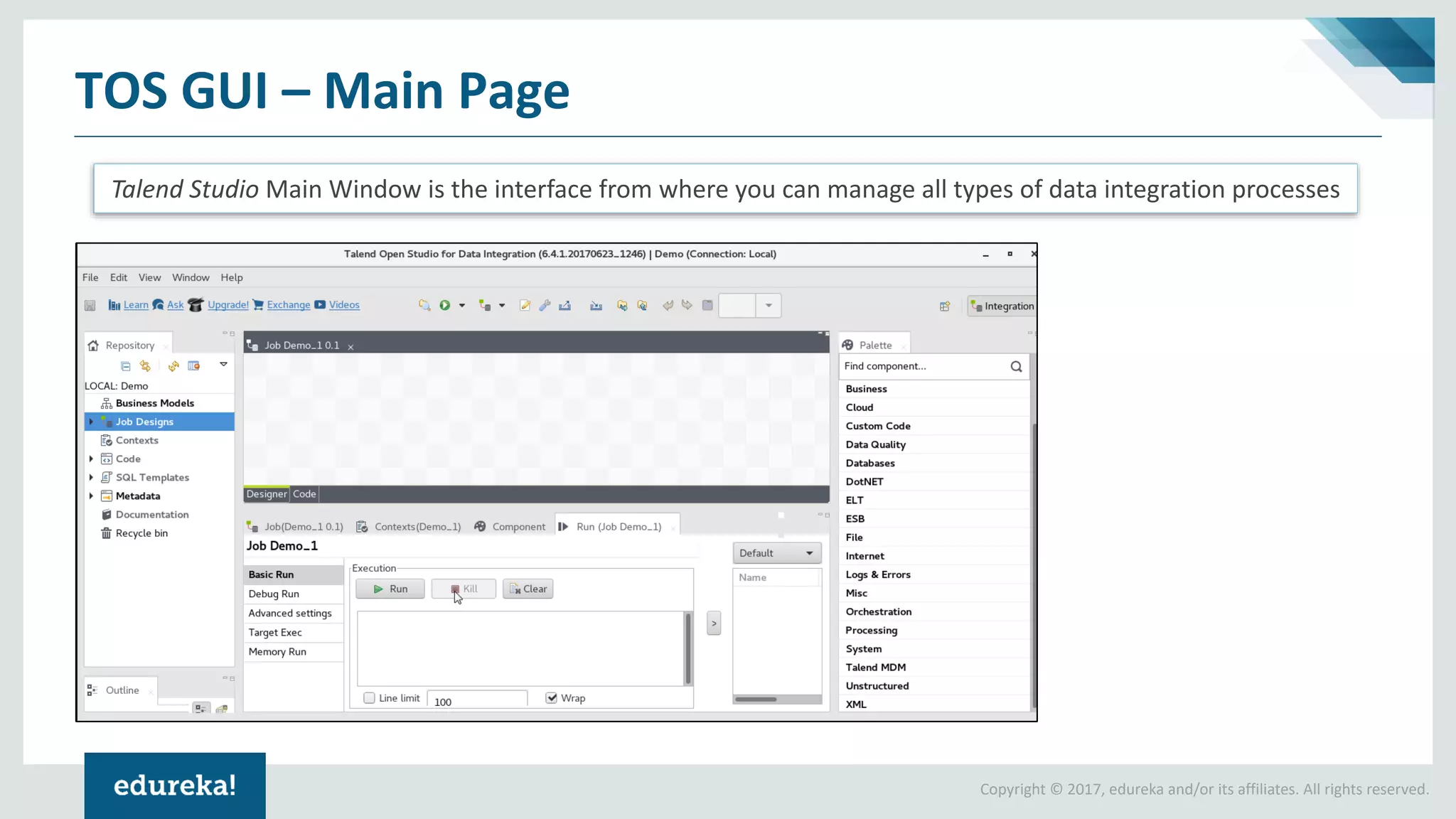 Copyright © 2017, edureka and/or its affiliates. All rights reserved.
TOS GUI – Main Page
Talend Studio Main Window is the interface from where you can manage all types of data integration processes
 