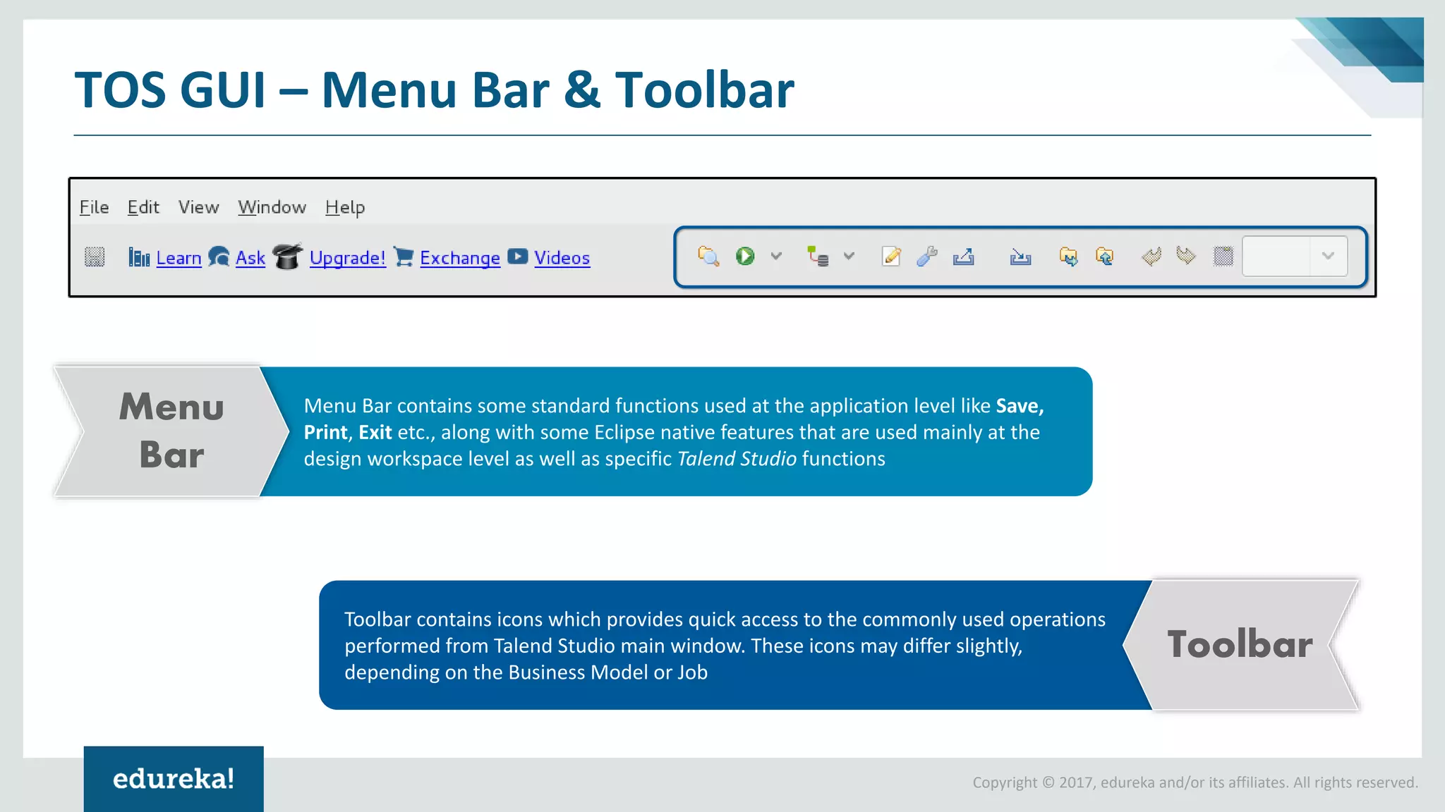 Copyright © 2017, edureka and/or its affiliates. All rights reserved.
TOS GUI – Menu Bar & Toolbar
Menu Bar contains some standard functions used at the application level like Save,
Print, Exit etc., along with some Eclipse native features that are used mainly at the
design workspace level as well as specific Talend Studio functions
Menu
Bar
Toolbar contains icons which provides quick access to the commonly used operations
performed from Talend Studio main window. These icons may differ slightly,
depending on the Business Model or Job
Toolbar
 
