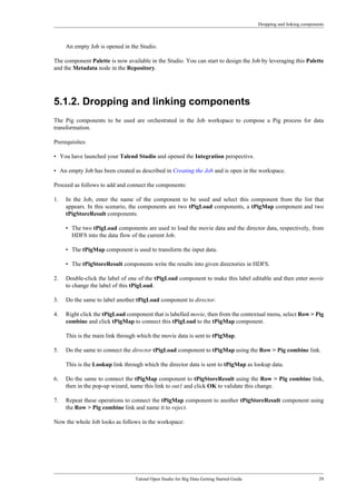 Dropping and linking components
Talend Open Studio for Big Data Getting Started Guide 29
An empty Job is opened in the Studio.
The component Palette is now available in the Studio. You can start to design the Job by leveraging this Palette
and the Metadata node in the Repository.
5.1.2. Dropping and linking components
The Pig components to be used are orchestrated in the Job workspace to compose a Pig process for data
transformation.
Prerequisites:
• You have launched your Talend Studio and opened the Integration perspective.
• An empty Job has been created as described in Creating the Job and is open in the workspace.
Proceed as follows to add and connect the components:
1. In the Job, enter the name of the component to be used and select this component from the list that
appears. In this scenario, the components are two tPigLoad components, a tPigMap component and two
tPigStoreResult components.
• The two tPigLoad components are used to load the movie data and the director data, respectively, from
HDFS into the data flow of the current Job.
• The tPigMap component is used to transform the input data.
• The tPigStoreResult components write the results into given directories in HDFS.
2. Double-click the label of one of the tPigLoad component to make this label editable and then enter movie
to change the label of this tPigLoad.
3. Do the same to label another tPigLoad component to director.
4. Right click the tPigLoad component that is labelled movie, then from the contextual menu, select Row > Pig
combine and click tPigMap to connect this tPigLoad to the tPigMap component.
This is the main link through which the movie data is sent to tPigMap.
5. Do the same to connect the director tPigLoad component to tPigMap using the Row > Pig combine link.
This is the Lookup link through which the director data is sent to tPigMap as lookup data.
6. Do the same to connect the tPigMap component to tPigStoreResult using the Row > Pig combine link,
then in the pop-up wizard, name this link to out1 and click OK to validate this change.
7. Repeat these operations to connect the tPigMap component to another tPigStoreResult component using
the Row > Pig combine link and name it to reject.
Now the whole Job looks as follows in the workspace:
 