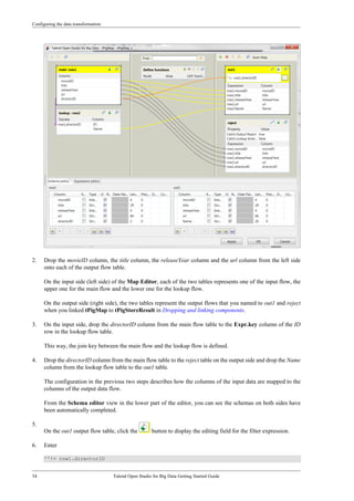 Configuring the data transformation
34 Talend Open Studio for Big Data Getting Started Guide
2. Drop the movieID column, the title column, the releaseYear column and the url column from the left side
onto each of the output flow table.
On the input side (left side) of the Map Editor, each of the two tables represents one of the input flow, the
upper one for the main flow and the lower one for the lookup flow.
On the output side (right side), the two tables represent the output flows that you named to out1 and reject
when you linked tPigMap to tPigStoreResult in Dropping and linking components.
3. On the input side, drop the directorID column from the main flow table to the Expr.key column of the ID
row in the lookup flow table.
This way, the join key between the main flow and the lookup flow is defined.
4. Drop the directorID column from the main flow table to the reject table on the output side and drop the Name
column from the lookup flow table to the out1 table.
The configuration in the previous two steps describes how the columns of the input data are mapped to the
columns of the output data flow.
From the Schema editor view in the lower part of the editor, you can see the schemas on both sides have
been automatically completed.
5.
On the out1 output flow table, click the button to display the editing field for the filter expression.
6. Enter
''!= row1.directorID
 