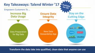 21
Key Takeaways: Talend Winter ’17
Transform the data lake into qualified, clean data that anyone can use
Ensure Data
Integrity
New Data
Stewardship App
Increase Big
Data Usage
Data Preparation
for Big Data
Stay on the
Cutting Edge
Empowers Customers To …
 