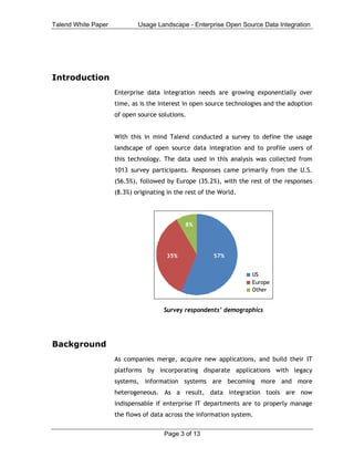 Talend White Paper           Usage Landscape - Enterprise Open Source Data Integration




Introduction
                     Enterprise data integration needs are growing exponentially over
                     time, as is the interest in open source technologies and the adoption
                     of open source solutions.


                     With this in mind Talend conducted a survey to define the usage
                     landscape of open source data integration and to profile users of
                     this technology. The data used in this analysis was collected from
                     1013 survey participants. Responses came primarily from the U.S.
                     (56.5%), followed by Europe (35.2%), with the rest of the responses
                     (8.3%) originating in the rest of the World.




                                              8%




                                       35%              57%


                                                                     US
                                                                     Europe
                                                                     Other


                                      Survey respondents’ demographics




Background
                     As companies merge, acquire new applications, and build their IT
                     platforms by incorporating disparate applications with legacy
                     systems, information systems are becoming more and more
                     heterogeneous. As a result, data integration tools are now
                     indispensable if enterprise IT departments are to properly manage
                     the flows of data across the information system.


                                      Page 3 of 13
 