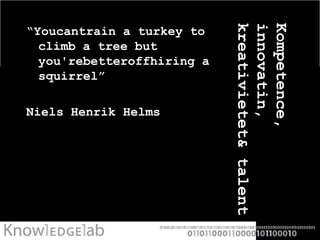 Kompetence, innovatin, kreativietet & talent “Youcantrain a turkey to climb a tree but you'rebetteroffhiring a squirrel” Niels Henrik Helms 