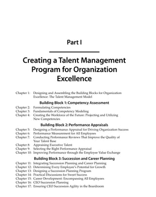 Creating a Talent Management
Program for Organization
Excellence
Part I
Chapter 1: Designing and Assembling the Building Blocks for Organization
Excellence: The Talent Management Model
Building Block 1: Competency Assessment
Chapter 2: Formulating Competencies
Chapter 3: Fundamentals of Competency Modeling
Chapter 4: Creating the Workforce of the Future: Projecting and Utilizing
New Competencies
Building Block 2: Performance Appraisals
Chapter 5: Designing a Performance Appraisal for Driving Organization Success
Chapter 6: Performance Measurement for All Employees
Chapter 7: Conducting Performance Reviews That Improve the Quality of
Your Talent Base
Chapter 8: Appraising Executive Talent
Chapter 9: Selecting the Right Performance Appraisal
Chapter 10: Improving Performance through the Employee Value Exchange
Building Block 3: Succession and Career Planning
Chapter 11: Integrating Succession Planning and Career Planning
Chapter 12: Determining Every Employee’s Potential for Growth
Chapter 13: Designing a Succession Planning Program
Chapter 14: Practical Discussions for Sweet Success
Chapter 15: Career Development: Encompassing All Employees
Chapter 16: CEO Succession Planning
Chapter 17: Ensuring CEO Succession Agility in the Boardroom
01_Berger 10/13/10 3:59 PM Page 1
 