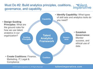 Must Do #2: Build analytics principles, coalitions,
governance, and capability.
Talent
Analytics
Framework
Capability
Govern-
ance
Coalition
Guiding
Principles
• Identify Capability: What types
of skill sets and analytics tools do
you need?
• Establish
Governance:
Monitor
success, and
ethical use of
data
• Create Coalitions: Finance,
Marketing, IT, Legal &
Compliance
• Design Guiding
Principles: What are
the ground rules for
how we use talent
analytics in our
organization?
 