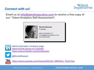 Connect with us!
Nicole Dessain
Founder
talent.imperative inc
nicole@talentimperative.com
(312) 659-6499
talent.imperative company page
talent trends Group on LinkedIn
https://www.linkedin.com/in/ndessain
@NicoleDessain
https://www.youtube.com/channel/UCzsO_iZBb38uu_Fkzio1Iyg
Email us at info@talentimperative.com to receive a free copy of
our “Talent Analytics Self-Assessment”.
 