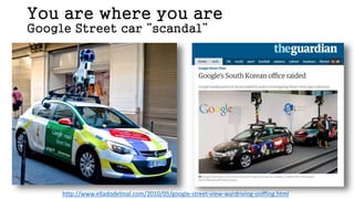 You are where you are
Google Street car “scandal”
http://www.elladodelmal.com/2010/05/google-street-view-wardriving-sniffing.html
 