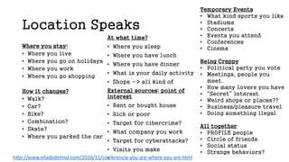 Location Speaks
Where you stay:
• Where you live
• Where you go on holidays
• Where you work
• Where you go shopping
How it changes?
• Walk?
• Car?
• Bike?
• Combination?
• Skate?
• Where you parked the car
At what time?
• Where you sleep
• Where you have lunch
• Where you have dinner
• What is your daily activity
• Shops -> all kind of
External sources: point of
interest
• Rent or bought house
• Rich or poor
• Target for cibercrime?
• What company you work
• Target for cyberattacks?
• Visits you make
•
Temporary Events
• What kind sports you like
• Stadiums
• Concerts
• Events you attend
• Conferences
• Cinema
Being Crappy
• Political party you vote
• Meetings, people you
meet,
• How many lovers you have
• “Secret” interest
• Weird shops or places??
• Business/pleasure travel
• Doing something ilegal
All together
• PROFILE people
• Circle of friends
• Social status
• Strange behaviors?
http://www.elladodelmal.com/2016/11/conferencia-you-are-where-you-are.html
 