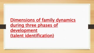 Dimensions of family dynamics
during three phases of
development
(talent identification)
 