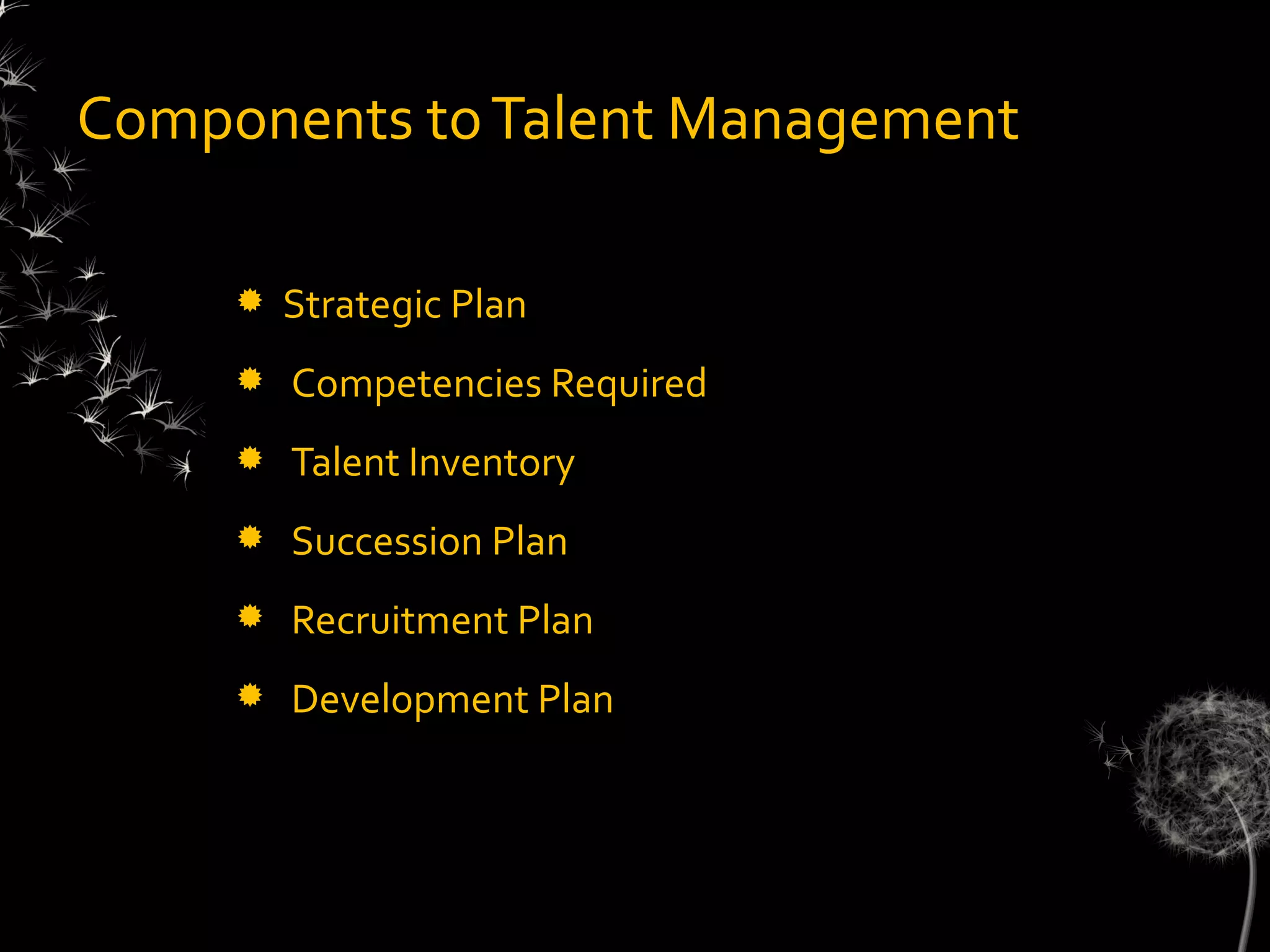 Components to Talent Management

        Strategic Plan
        Competencies Required
        Talent Inventory
        Succession Plan
        Recruitment Plan
        Development Plan
 
