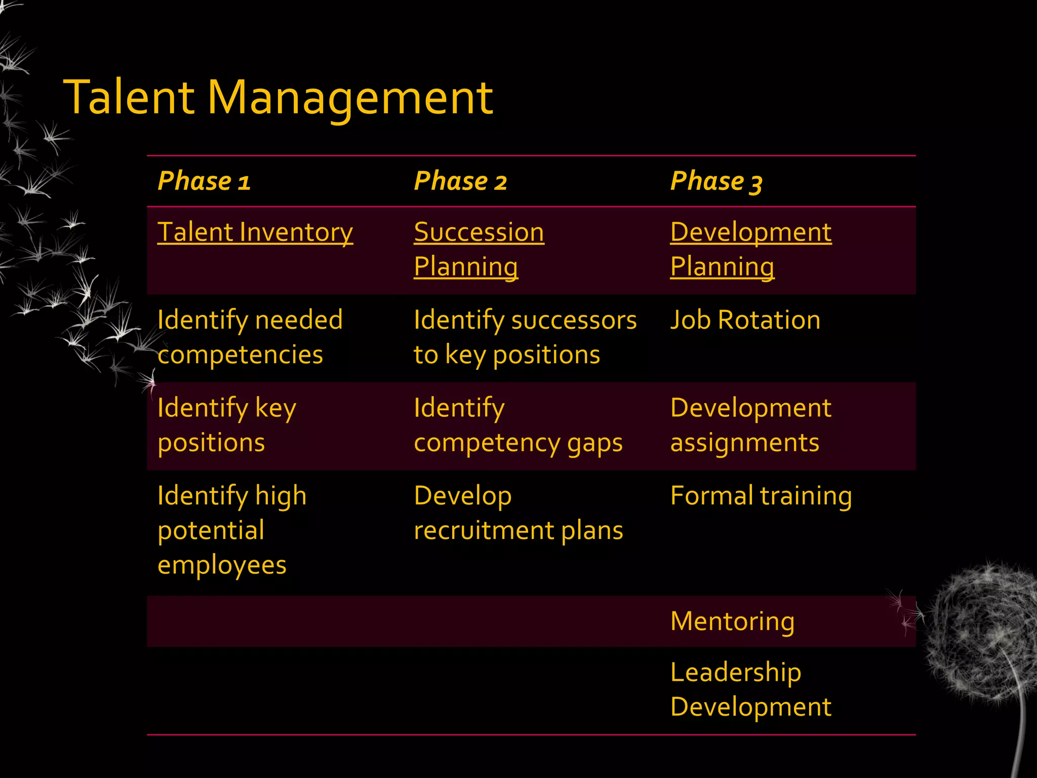 Talent Management
   Phase 1            Phase 2               Phase 3
   Talent Inventory   Succession            Development
                      Planning              Planning
   Identify needed    Identify successors   Job Rotation
   competencies       to key positions
   Identify key       Identify              Development
   positions          competency gaps       assignments
   Identify high      Develop               Formal training
   potential          recruitment plans
   employees
                                            Mentoring
                                            Leadership
                                            Development
 