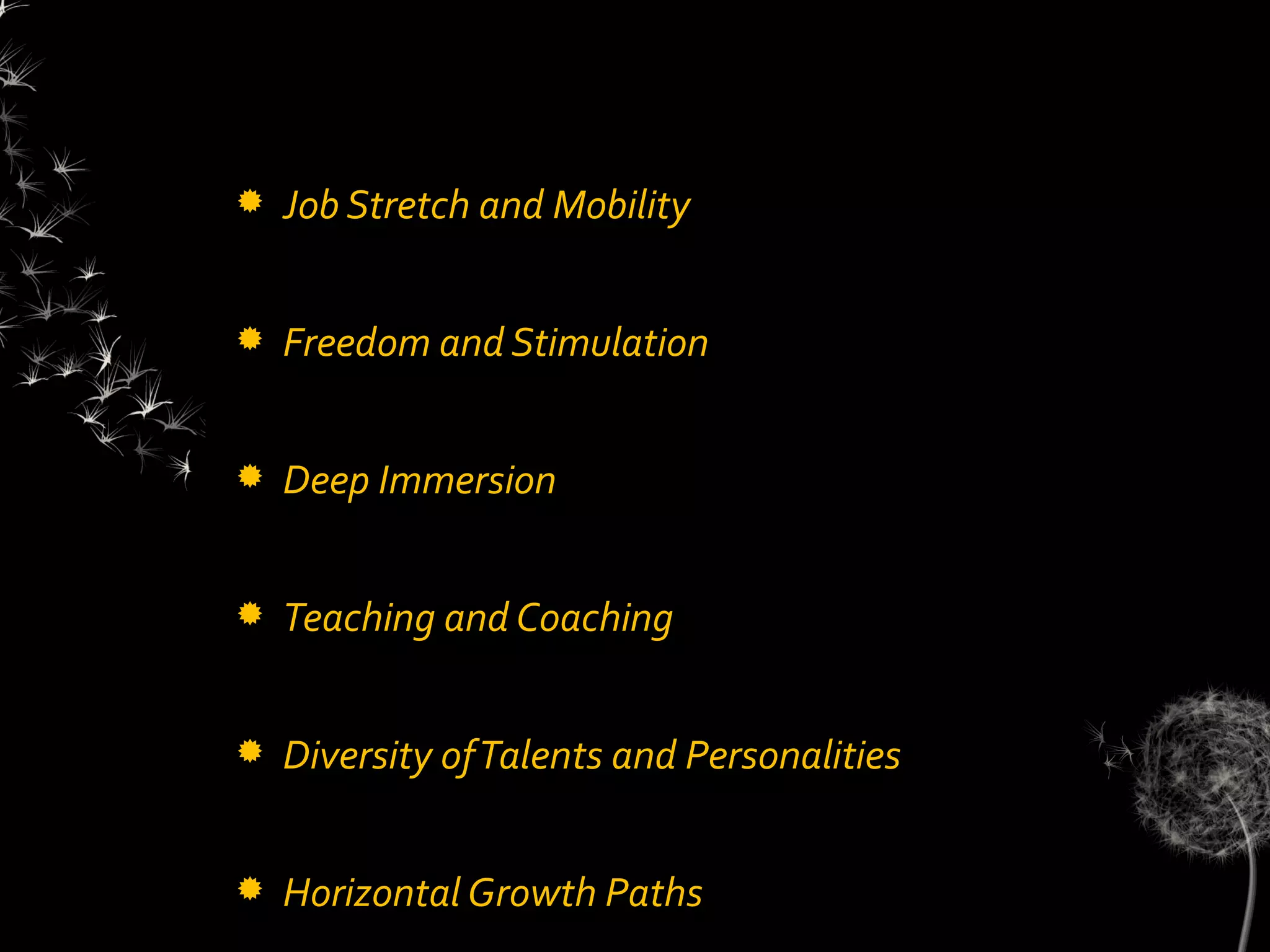    Job Stretch and Mobility


   Freedom and Stimulation


   Deep Immersion


   Teaching and Coaching


   Diversity of Talents and Personalities


   Horizontal Growth Paths
 