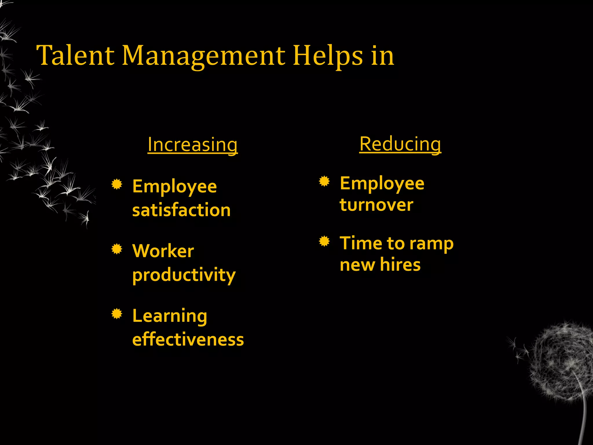 Talent Management Helps in

          Increasing           Reducing
        Employee           Employee
         satisfaction        turnover

        Worker
                            Time to ramp
                             new hires
         productivity
        Learning
         effectiveness
 