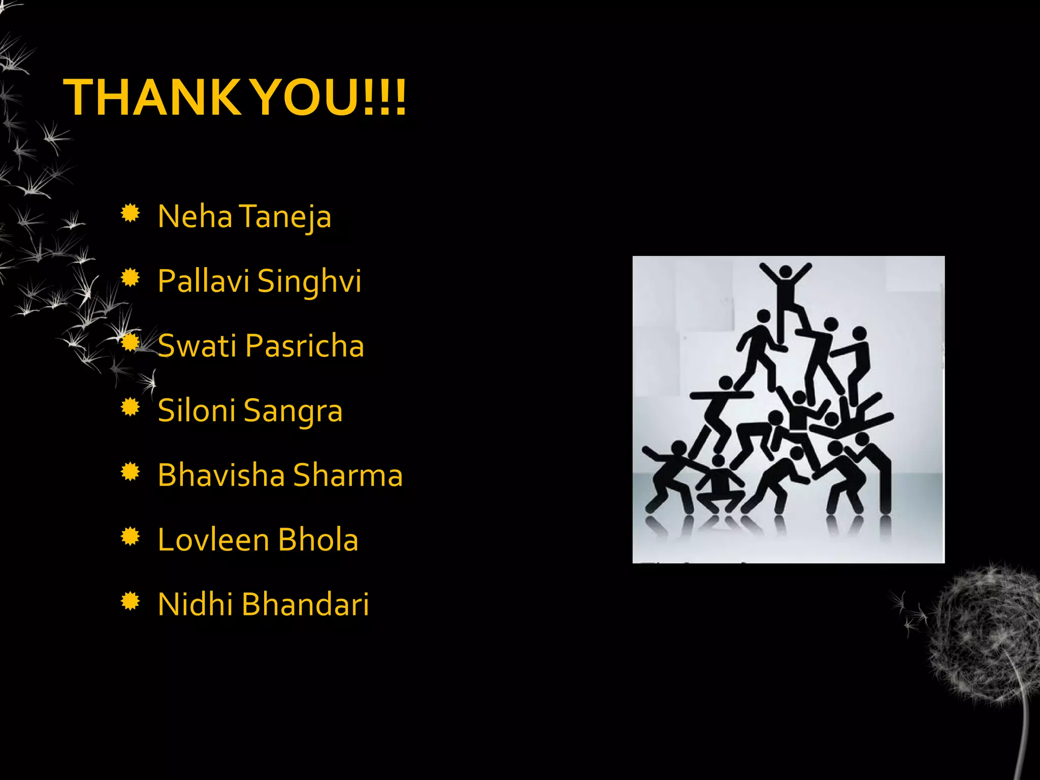 THANK YOU!!!
    Neha Taneja
    Pallavi Singhvi
    Swati Pasricha
    Siloni Sangra
    Bhavisha Sharma
    Lovleen Bhola
    Nidhi Bhandari
 