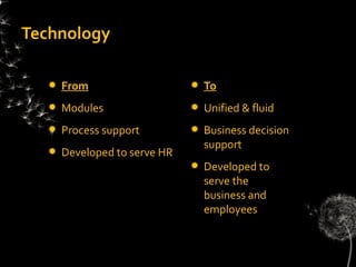 Technology

     From                       To
     Modules                    Unified & fluid
     Process support            Business decision
                                  support
     Developed to serve HR
                                 Developed to
                                  serve the
                                  business and
                                  employees
 