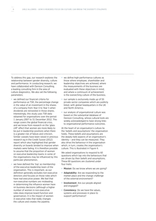 To address this gap, our research explores the
relationship between gender diversity, culture
and performance. In conducting research, we
have collaborated with Denison Consulting,
a leading consulting firm in the area of
culture diagnostics. We also set the following
parameters:
•	 we defined our financial criteria for
performance as TSR, the percentage change
in the value of an investment in the shares
of a company from Year 0 to Year 5 when
dividends are reinvested in those shares.
Interestingly, this study uses TSR data
obtained for organisations over the period
1 January 2007 to 31 December 2012. This
range covers the global financial crisis,
and we know from research on the ‘glass
cliff’ effect that women are more likely to
be put in leadership positions when there
is a greater risk of failure and criticism.
Similar caveats have been raised in previous
research eg in the Credit Suisse (2012)
report which also highlighted that gender
diversity on boards tended to improve when
markets were failing. It is therefore possible
to assume that the proportion of women
on executive leadership teams in some of
the organisations may be influenced by this
particular phenomenon.
•	 we have defined the ‘top’ as membership
of the executive leadership team of the
organisation. This is important, as our
definition generally excludes non-executive
directors and focuses on those roles which
have real executive power. We feel that
non-executive numbers are misleading
in determining the influence women have
on business decisions (although a higher
number of women in non-executive
roles does improve board function and
governance). It is the impact of women
in executive roles that really changes
the culture and creates the pipeline.
•	 we define high-performance cultures as
those where employee, shareholder and
leadership objectives are achieved; where
the measurements of the business are
evaluated with these objectives in mind;
and where a continuum of achievement
is the overarching culture of the business.
•	 our sample is exclusively made up of 50
private sector companies which are publicly
listed, with global headquarters in the UK
and North America.
•	 our analysis of organisational culture was
based on the substantial database of
Denison Consulting, whose cultural tools are
widely acknowledged to have strong links
to organisational performance outcomes.
At the heart of an organisation’s culture lie
the ‘beliefs and assumptions’ the organisation
holds. These beliefs and assumptions are
the deeply held aspects of an organisation’s
identity – and they can be measured. They
also drive the behaviour in the organisation
which, in turn, creates the organisation’s
culture. This is illustrated in Figure 4.
We asked organisations to respond to 60
questions which tap into the behaviours that
are driven by their beliefs and assumptions.
These 60 questions are clustered under
four traits:
•	 Mission: Do we know where we are going?
•	 Adaptability: Are we responding to the
market place and the change challenge
of the external environment?
•	 Involvement: Are our people aligned
and engaged?
•	 Consistency: Do we have the values,
systems and processes in place to
support performance?
8 GIRLS ALLOWED – HOW A RENEWED FOCUS ON CULTURE CAN BREAK THE DIVERSITY STALEMATE
 