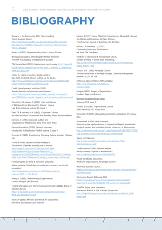 Business in the Community, 2012 Benchmarking
Trends Analysis Report,
http://opportunitynow.bitc.org.uk/sites/default/files/kcfinder/
files/Opportunity%20Now/Executive_Summary_Benchmarking_
Trends_2012.pdf
Brown, A (1995), Organisational culture, London: Pitman
Barclays Bank (2013), Unlocking the Female Economy:
The Path to Success to Entrepreneurial Success
CBI/Harvey Nash (2012) Employment trends survey, http://www.cbi.
org.uk/media/1809091/cbi_harvey_nash_-_seeking_a_competitive_
edge_oct_2012.pdf
Center for talent innovation, Study points to
New Path for British Women to Rise Up the Ranks,
http://www.worklifepolicy.org/documents/Sponsor%20Effect%20
UK%20-%20FINAL%20Press%20Release.pdf
Credit Suisse Research Institute (2012),
Gender diversity and corporate performance
https://infocus.credit-suisse.com/data/_product_documents/_
shop/360145/csri_gender_diversity_and_corporate_performance.pdf
Chambliss, E & Uggen, C. (2006), Men and Women
of Elite Law Firms: Reevaluating Kanter’s Legacy,
Law & Social Inquiry, volume 25, issue 1
Deal, T E & Kennedy, A A (1982), Corporate Cultures:
the rites and rituals of corporate life, Reading, Mass: Addison-Wesley
Denison, D (1990), Corporate Culture and
Organizational Effectiveness, New York: John Wiley
Denison Consulting (2011), Denison overview:
Introduction to the Denison Model, volume 1, issue 4
Drennan, D (1992), Transforming Company Culture, London: McGraw-
Hill
Financial Times, Women and the workplace:
The benefits of gender diversity put to the test
http://www.ft.com/cms/s/1fc8a3dc-0d65-11e2-
97a1-00144feabdc0,Authorised=false.html?_i_
location=http%3A%2F%2Fwww.ft.com%2Fcms%2Fs%2F0%2F1fc8a3dc-
0d65-11e2-97a1-00144feabdc0.html&_i_referer=#axzz2S3HvvVaD
Forbes Insights, Diversity & Inclusion: Unlocking
global potential, Global diversity rankings by country, sector and
occupation
http://www.dpiap.org/resources/pdf/global_diversity_
rankings_2012_12_03_20.pdf
Handy, C (1993), Understanding Organizations,
London: Penguin (4th Edition)
Heidrig & Struggles and WomenCorporateDirectors (2012), Board of
Directors Survey,
http://www.heidrick.com/PublicationsReports/Documents/
WCD_2012BoardSurvey.pdf
Kanter, R (1993), Men and women of the corporation,
New York: BasicBooks (1993 edition)
Kanter, R (1977), Some Effects of Proportions on Group Life: Skewed
Sex Ratios and Responses to Token Women,
The American Journal of Sociology, Vol. 82, No.5
Kotter, J P & Heskett J L (1992),
Corporate Culture and Performance,
ew York: The Free Press
Institute of Leadership & Management (2012),
Gender diversity in senior levels of banking,
http://www.i-l-m.com/downloads/Research_womeninbanking_
slides_march12.pdf
Lorsch, J W (1986), Managing Culture:
The Invisible Barrier to Strategic Change, California Management
Review: 28 (2): 95-109
McKinsey, Women Matter 2007 and 2012,
http://www.mckinsey.com/features/
women_matter
Morgan (1997), Images of Organization,
London: Sage (2nd Edition)
Norman Broadbent Board Index,
January 2013, issue 4
Schein, E H (1985) Organizational Culture
and Leadership, SF: Jossey Bass
Schneider, B (1990), Organizational Climate and Culture, SF: Jossey-
Bass
Sommerlad, H et al. (year unknown),
Diversity in the legal profession in England and Wales: a qualitative
study of barriers and individual choices, University of Westminster,
http://www.westminster.ac.uk/__data/assets/pdf_file/0020/72353/
LSB-Diversity-in-the-Legal-Profession-Summary.pdf
Talent not Tokenism,
http://www.equalityhumanrights.com/uploaded_files/
talentnottokenism.pdf
The Economist (2006), Women and the
world economy: A guide to womenomics,
http://www.economist.com/node/6802551
Ward, J H (2008), Sexualities,
Work and Organizations, Routledge: London
Women’s Business Council,
https://www.gov.uk/government/policy-advisory-groups/womens-
business-council
Women on Boards, February 2011,
https://www.gov.uk/government/uploads/system/uploads/
attachment_data/file/31480/11-745-women-on-boards.pdf
The RSA Group (year unknown),
Women on Boards: A Life Sciences Perspective,
http://www.thersagroup.com/women/Women-on-Boards_RSA-
report.pdf
BIBLIOGRAPHY
16 GIRLS ALLOWED – HOW A RENEWED FOCUS ON CULTURE CAN BREAK THE DIVERSITY STALEMATE
 