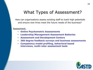 18
What Types of Assessment?
How can organizations assess existing staff to track high potentials
and ensure new hires meet the future needs of the business?
Assessment:
• Online Psychometric Assessments
• Leadership/Management Assessment Batteries
• Assessment and Development Centers
• 360 degree feedback surveys and business assessments
• Competency model profiling, behavioral based
interviews, multi-rater assessment tools
 