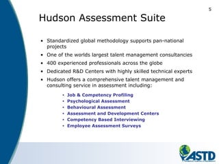 5
• Standardized global methodology supports pan-national
projects
• One of the worlds largest talent management consultancies
• 400 experienced professionals across the globe
• Dedicated R&D Centers with highly skilled technical experts
• Hudson offers a comprehensive talent management and
consulting service in assessment including:
Hudson Assessment Suite
• Job & Competency Profiling
• Psychological Assessment
• Behavioural Assessment
• Assessment and Development Centers
• Competency Based Interviewing
• Employee Assessment Surveys
 
