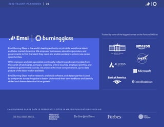 Emsi Burning Glass is the world’s leading authority on job skills, workforce talent,
and labor market dynamics. We empower businesses, education providers, and
governments to find the talent they need, and enable workers to unlock new career
opportunities.
With engineers and data specialists continually collecting and analyzing data from
thousands of job boards, company websites, online resumes, employee profiles, and
traditional government sources, we produce the most comprehensive, up-to-date
picture of the labor market available.
Emsi Burning Glass market research, analytical software, and data expertise is used
by companies across the globe to better understand their own workforce and identify
skilled and diverse talent for future growth.
Trusted by some of the biggest names on the Fortune 500 List:
E M S I B U R N I N G G L A S S DATA I S F R E Q U E N T LY C I T E D I N M A J O R P U B L I CAT I O N S S U C H A S:
20
2022 TA L E N T P L AY B O O K
 