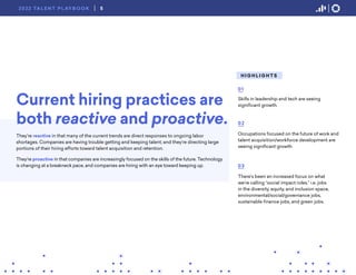 H I G H L I G H T S
Skills in leadership and tech are seeing
significant growth.
01
Occupations focused on the future of work and
talent acquisition/workforce development are
seeing significant growth.
02
There’s been an increased focus on what
we’re calling “social impact roles,” i.e. jobs
in the diversity, equity, and inclusion space,
environmental/social/governance jobs,
sustainable finance jobs, and green jobs.
03
Current hiring practices are
both reactive and proactive.
They’re reactive in that many of the current trends are direct responses to ongoing labor
shortages. Companies are having trouble getting and keeping talent, and they’re directing large
portions of their hiring efforts toward talent acquisition and retention.
They’re proactive in that companies are increasingly focused on the skills of the future. Technology
is changing at a breakneck pace, and companies are hiring with an eye toward keeping up.
5
2022 TA L E N T P L AY B O O K
 