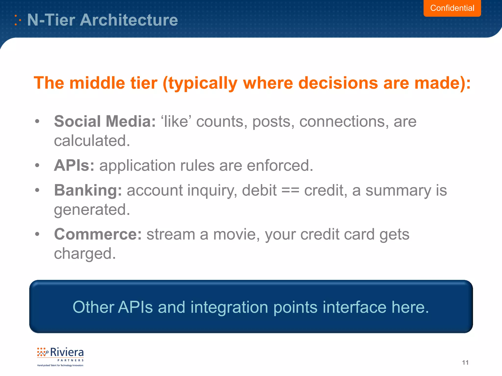 N-Tier Architecture
11
Confidential
• Social Media: ‘like’ counts, posts, connections, are
calculated.
• APIs: application rules are enforced.
• Banking: account inquiry, debit == credit, a summary is
generated.
• Commerce: stream a movie, your credit card gets
charged.
The middle tier (typically where decisions are made):
Other APIs and integration points interface here.
 