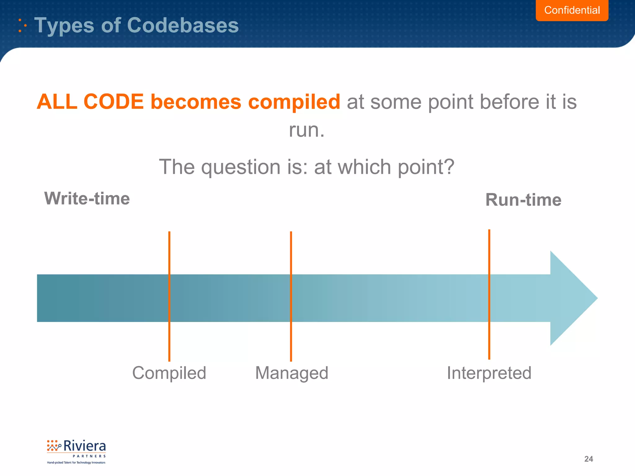 Types of Codebases
24
ALL CODE becomes compiled at some point before it is
run.
The question is: at which point?
Run-timeWrite-time
Compiled Managed Interpreted
Confidential
 