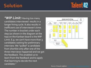 "WIP Limit: Having too many
candidates interviewed results in a
longer hiring cycle. It also results in
inefficient use of interviewer’s time.
The number in bracket under each
step (as shown in the diagram at the
top) on the Kanban board is theWIP
Limit. E.g. we can’t have more than 3
candidates waiting for preliminary
interview.We “pulled” a candidate
from shortlist only after one of the
three interviews happened and we got
the feedback.This enabled us to
learn from the feedback and to apply
that learning to decide the next
candidate."
Source:Vinayak Joglekar: Lean Hiring - An Experience Report
 