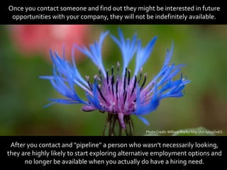 Once you contact someone and find out they might be interested in future
opportunities with your company, they will not be indefinitely available.
After you contact and "pipeline" a person who wasn't necessarily looking,
they are highly likely to start exploring alternative employment options and
no longer be available when you actually do have a hiring need.
Photo Credit:William Warby http://bit.ly/1sjOoES
 