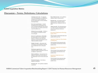 16
Discussion
Talent Acquisition Metrics
SHRM Customized Talent Acquisition Benchmarking Report © 2017 Society for Human Resources Management
Discussion – Terms, Definitions, Calculations
 