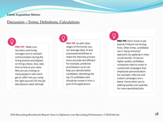 18
Talent Acquisition Metrics
2018 Recruiting Benchmark Report: How to Optimize your Recruiting Performance. © 2018 Jobvite.
Discussion – Terms, Definitions, Calculations
 