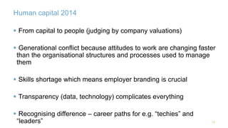 Human capital 2014 
13 
 From capital to people (judging by company valuations) 
 Generational conflict because attitudes to work are changing faster 
than the organisational structures and processes used to manage 
them 
 Skills shortage which means employer branding is crucial 
 Transparency (data, technology) complicates everything 
 Recognising difference – career paths for e.g. “techies” and 
“leaders” 
 