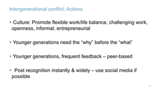 Intergenerational conflict: Actions 
18 
 Culture: Promote flexible work/life balance, challenging work, 
openness, informal, entrepreneurial 
 Younger generations need the “why” before the “what” 
 Younger generations, frequent feedback – peer-based 
 Post recognition instantly & widely – use social media if 
possible 
 