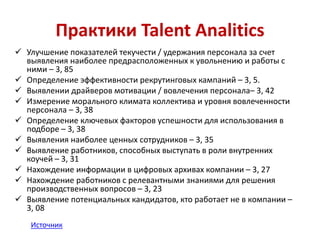 Практики Talent Analitics 
 Улучшение показателей текучести / удержания персонала за счет 
выявления наиболее предрасположенных к увольнению и работы с 
ними – 3, 85 
 Определение эффективности рекрутинговых кампаний – 3, 5. 
 Выявлении драйверов мотивации / вовлечения персонала– 3, 42 
 Измерение морального климата коллектива и уровня вовлеченности 
персонала – 3, 38 
 Определение ключевых факторов успешности для использования в 
подборе – 3, 38 
 Выявления наиболее ценных сотрудников – 3, 35 
 Выявление работников, способных выступать в роли внутренних 
коучей – 3, 31 
 Нахождение информации в цифровых архивах компании – 3, 27 
 Нахождение работников с релевантными знаниями для решения 
производственных вопросов – 3, 23 
 Выявление потенциальных кандидатов, кто работает не в компании – 
3, 08 
Источник 
 