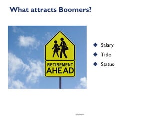 What attracts Boomers?



                                   Salary
                                   Title
                                   Status




                 Talent Webinar
 