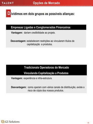 Opções de Mercado

Empresas Ligadas e Conglomerados Financeiros
Vantagem: dariam credibilidade ao projeto.
Desvantagem: estabelecem restrições ao vincularem títulos de
capitalização a produtos.

Tradicionais Operadoras do Mercado
Vinculando Capitalização a Produtos
Vantagem: experiência e infra-estrutura.
Desvantagem: como operam com vários canais de distribuição, existe o
risco de cópia dos nossos produtos.

11

 