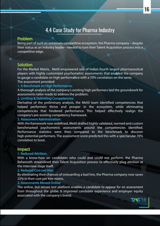 Problem
Being part of such an extremely competitive ecosystem, the Pharma company – despite
their status as an industry leader– needed to turn their Talent Acquisition process into a
competitive edge.
Solution
For the Market Matrix, Mettl empowered one of India’s fourth largest pharmaceutical
players with highly customized psychometric assessments that enabled the company
to gauge a candidate on high performance with a 70% correlation on the same.
The assessment provided:
1. A Benchmark on High Performance:
A thorough analysis of the company’s existing high performers laid the groundwork for
assessments tailor-made to address the problem.
2. Limiting & Delimiting Competencies:
Derivative of the preliminary analysis, the Mettl team identified competencies that
helped performers thrive and prosper in the ecosystem, while eliminating
competencies that hindered performance. This helped effectively realign the
company’s pre-existing competency framework.
3. Assessment Administration:
With the framework now redefined, Mettl drafted highly validated, normed and custom
benchmarked psychometric assessments around the competencies identified.
Performance statistics were then compared to the benchmark to discover
high-potential performers. The assessment score predicted this with a spectacular 70%
correlation to boot.
Impact
1. Reduced Attrition:
With a know-how on candidates who could and could not perform, the Pharma
Behemoth streamlined their Talent Acquisition process to effectively plug attrition at
the interview stage itself.
2. Reduced Cost per Hire:
By eliminating their chances of onboarding a bad hire, the Pharma company now saves
25% in their cost per hire metric.
3. Assessments Moved Online:
The online, but secure test platform enables a candidate to appear for an assessment
from throughout the globe. It improved candidate experience and employer equity
associated with the company’s brand.
4.4 Case Study for Pharma Industry
16
 