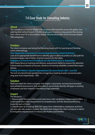 About
The company is a Fortune Global 500 company with branches across the globe. Con-
sidering their army of nearly 375,000 employees, it comes as no surprise that among
their clients exist 95 of the Fortune Global 100 and about 82% of the Fortune Global
500 companies.
Problem
The client company was facing the following issues with its Learning and Develop-
ment methodology:
Poor Diagnostics: Inaccuracy in Learning Requirements, Content & Delivery
Lack of an appropriate benchmark to identify gaps in skill and predict an L&D path for
business impact, was a matter of prime concern for the client.
Negligence of Assessment & Feedback: On-Job Performance vs. Expectation
With heavy focus on training and delivery, assessments failed to acquire the attention
it deserved as a measure of success. Absence of training reliability created false expec-
tations.
Fleeting ROI Metrics: Haywire Organizational Structure; Result: L&D = Low ROI
The lack of a benchmark spiraled into a huge issue leading to poor succession plan-
ning and more importantly – ROI.
Solution
Mettl provided the client company with highly customized, normed, benchmarked
and validated assessments that were able to successfully identify skill gaps in existing
employees and also helped in identifying high potentials.
Impact
The Research
1. Rejuvenated Structure: Behavioral interviews with candidates helped stakeholders
understand their exact requirement of competencies, and the desired proficiency
levels for each of them.
2. Classification & Grouping: With the inputs from stakeholders, employees and from
our own job-role analysis in place, the Mettl team helped the client company to identi-
fy and gather requirements in various job clusters and families.
7.4 Case Study for Consulting Industry
31
 
