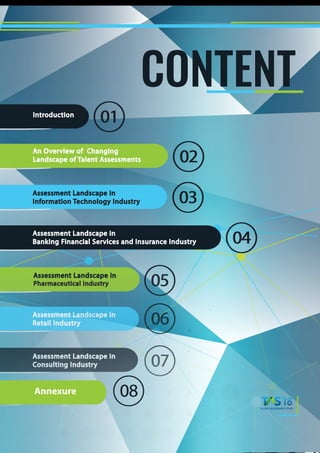 An Overview of Changing
Landscape of Talent Assessments
0101
0202
0303
0404
0505
0606
0707
Introduction
Assessment Landscape in
Information Technology Industry
Assessment Landscape in
Banking Financial Services and Insurance Industry
Assessment Landscape in
Pharmaceutical Industry
Assessment Landscape in
Retail Industry
Assessment Landscape in
Consulting Industry
0808
CONTENT
Annexure
 