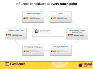 Influence candidates at every touch point

                                 LinkedIn Homepage                                                     Inbox

                                      Senior Auditor                                                Senior Auditor
                                      Talent Avenue - Brussels                                      Talent Avenue - Brussels




LinkedIn Career Page                                             Erica Robertson                                               Personalized “Picture
                                                                 Senior Auditor                                                    Yourself” ads
                                                                 Your ideal passive candidate
     Senior Auditor                                                                                                                 Senior Auditor
     Talent Avenue - Brussels                                                                                                       Talent Avenue - Brussels




                                Employee profile pages                                          Employee Referrals

                                      Senior Auditor                                                Senior Auditor
                                      Talent Avenue - Brussels                                      Talent Avenue - Brussels
 