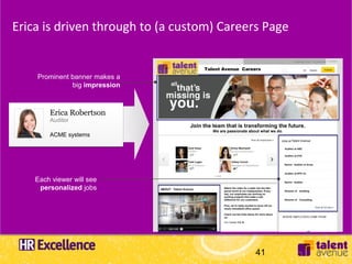 Erica is driven through to (a custom) Careers Page

                                                                                                                            Companies Home | Pro Insurance



                                                              Talent Avenue Careers                                                   221   followers



    Prominent banner makes a
              big impression



        Erica Robertson
        Auditor
                                                Join the team that is transforming the future.
                                                                 We are passionate about what we do.
        ACME systems
                                                                                                                   Jobs at Talent Avenue

                                              Ariel Hsiao                   Emily Meinhardt                          Auditor at ABC
                                              Auditor                       Account Executive
                                                                                                                     Auditor at XYZ

                                              Todd Logan                    Hillary Carroll
                                              VP of Finance                 Manager of Operations                    Senior Auditor at Acme


                                                                                                                     Auditor at EFG Co


    Each viewer will see                                                                                             Senior Auditor

     personalized jobs         ABOUT Talent Avenue                    Watch the video for a peek into the fast-
                                                                      paced world at our headquarters. Every         Director of Auditing
                                                                      day, our employees are working on
                                                                      exciting projects that make a real
                                                                      difference for our customers.                  Director of Consulting

                                                                      Plus, we’re really excited to show off our
                                                                      newly remodeled office space!

                                                                      Check out the links below for more about
                                                                      us:

                                                                      Our Career Site ►

                                                                                                                                        Amazon
                                                                                                                                        Amazon




                                                                                                 41
 