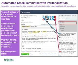 Automated Email Templates with Personalization
50
Personalize your messages by citing candidate contributions across the web related to specific technologies.
Take advantage of
the in-depth
consumption of
web data.
See which web
source each
contribution
professional or
personal interest
is emanating from.
Use that data to
personalize your
candidate
outreach.
Boost response
rates!
 