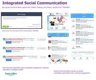 Integrated Social Communication
63
Use Social Communication vectors like Twitter, Meetup, and others, directly from TalentBin!
Send social communication from directly within TalentBin.
Instrumented hyperlinks track candidate engagement, feeding
TalentBin’s Intelligent CRM.
Social Communication shows up where
candidates spend their time, driving engagement
 